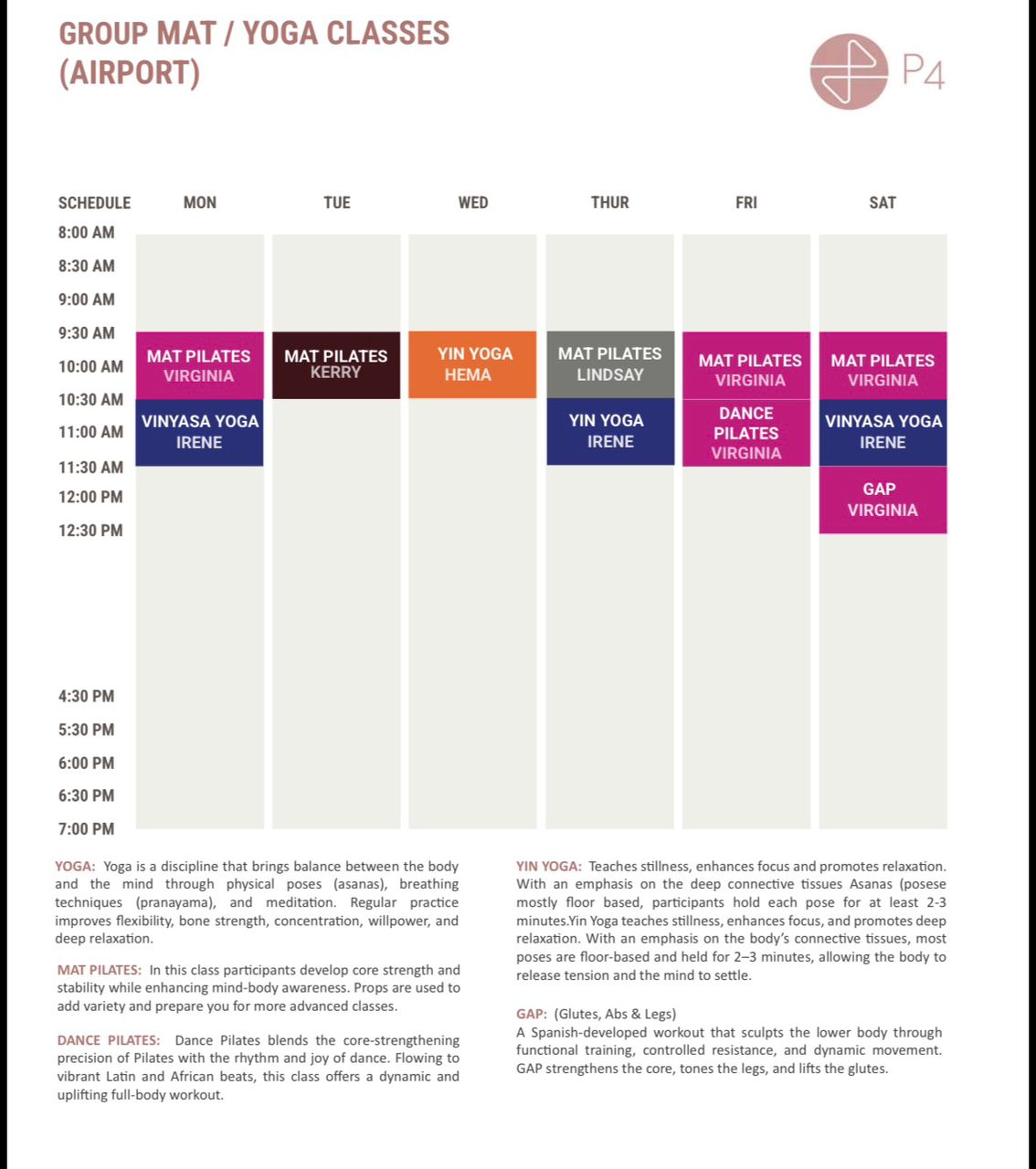 Scheduled calendar for Mat and Yoga classes