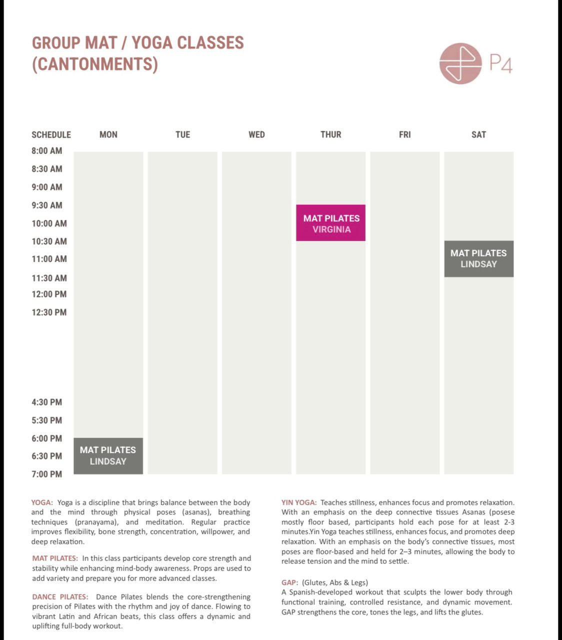 Scheduled calendar for Mat and Yoga classes