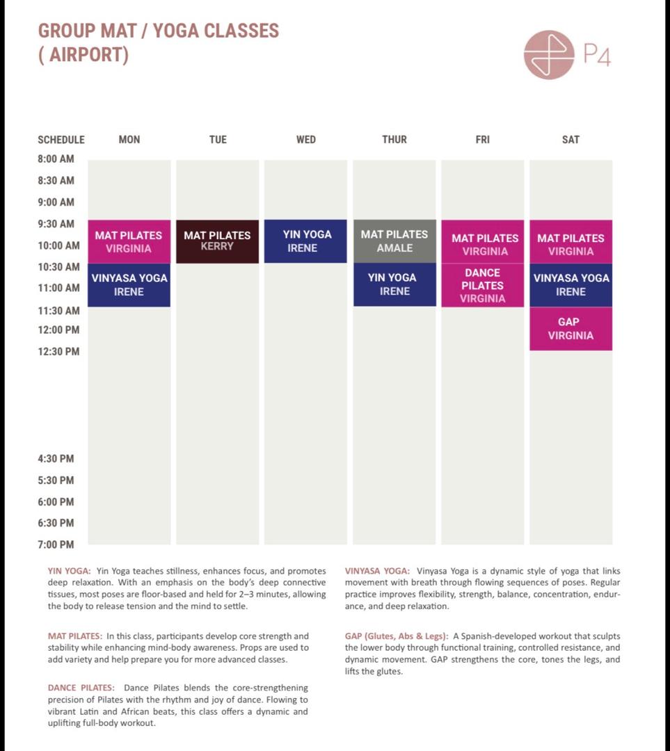 Scheduled calendar for Mat and Yoga classes
