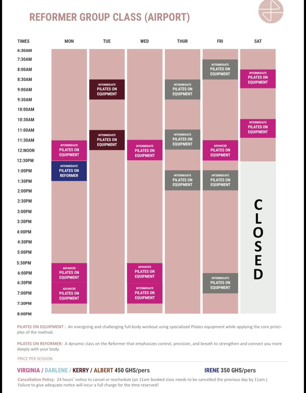 Scheduled calendar for Mat and Yoga classes