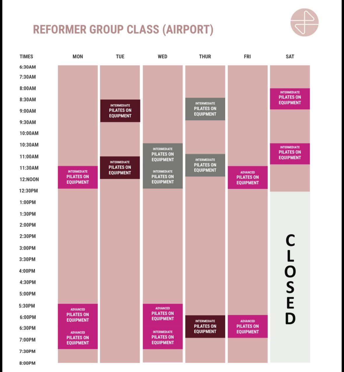 Scheduled calendar for Mat and Yoga classes