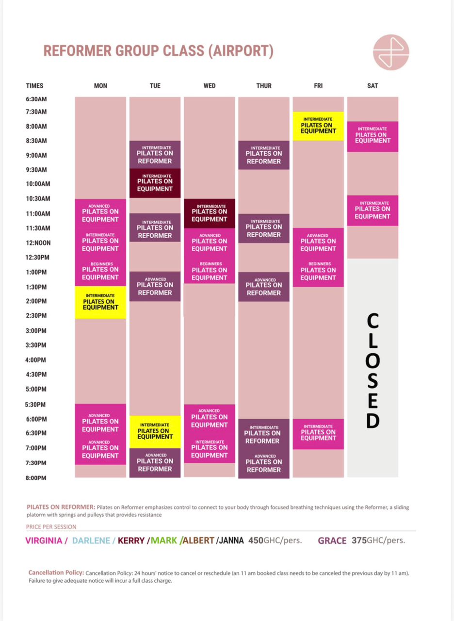 Scheduled calendar for Mat and Yoga classes